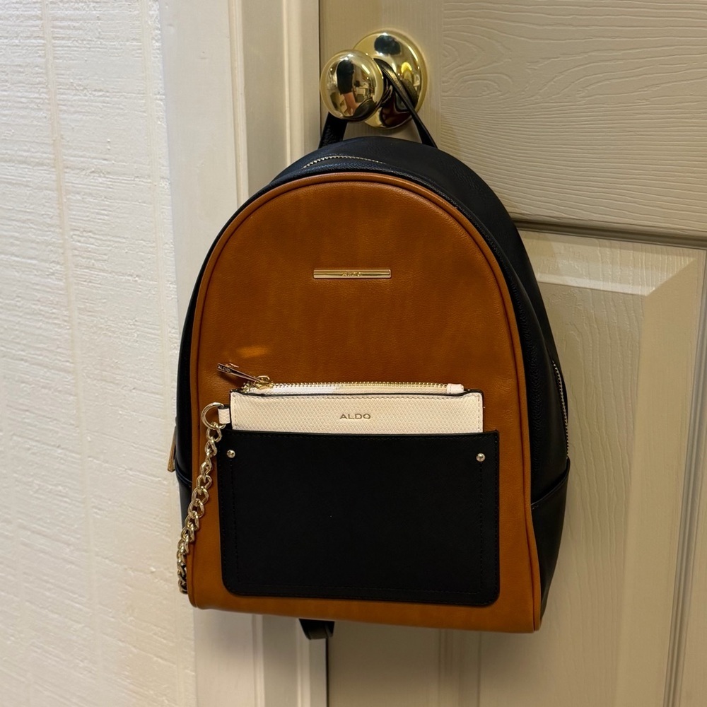 Aldo Faux Leather Black and Tan Color Block Backpack